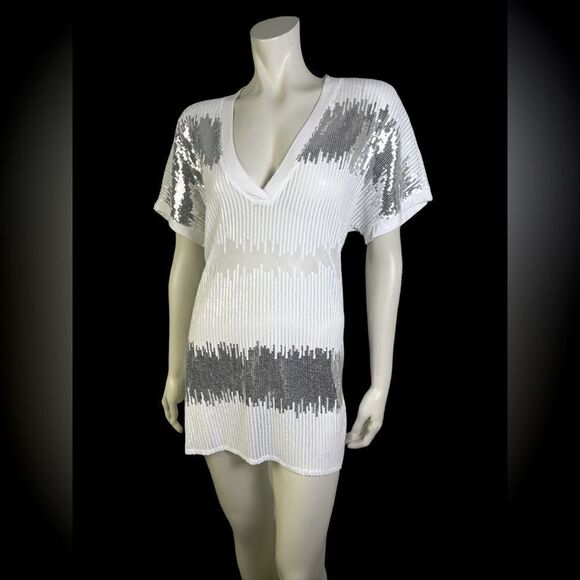 Awesome Bathing Suit Cover-up by INC NWT White/Silver Sequined Mesh Size Large - Picture 1 of 7